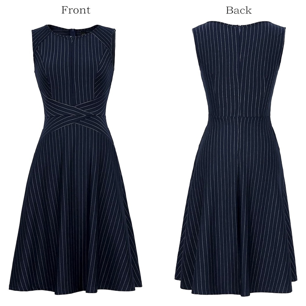 Elegant Pinstriped Black A-line Flare Sleeveless Cocktail Dress NWT Women Size L
